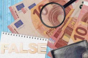 banconote false sotto la lente d'ingrandimento