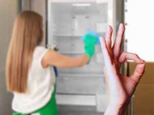 donna che pulisce il frigo, mano che esprime ok