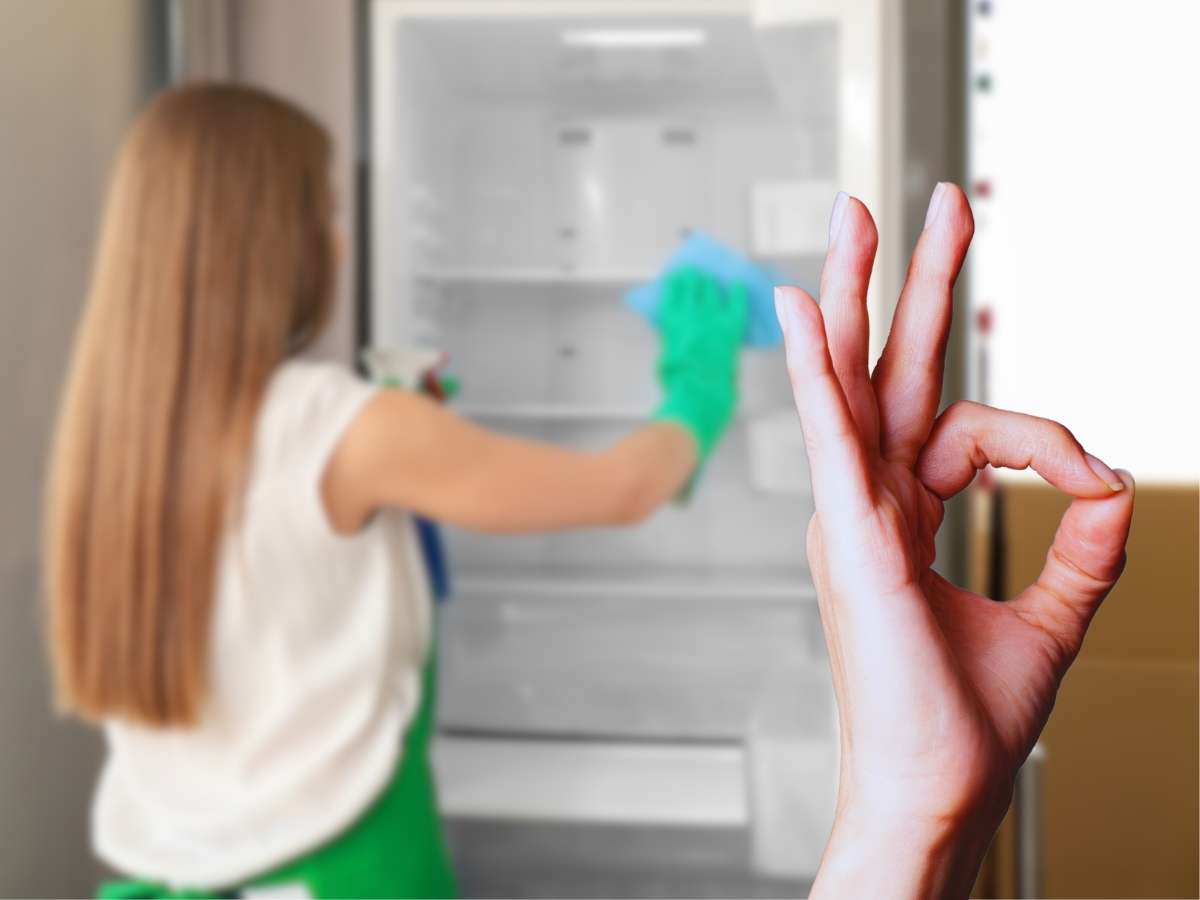 donna che pulisce il frigo, mano che esprime ok